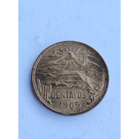 Venda de moeda de 20 centavos do México, ano de 1965. Apresenta a Pirâmide da Lua em Teotihuacán e a águia mexicana. Item de col