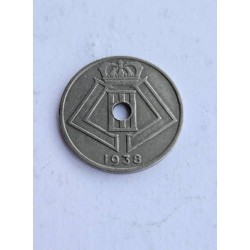 Venda de moeda histórica de 25 cêntimos da Bélgica, ano de 1938, com brasões e furo central. Item de colecionador raro e ideal p