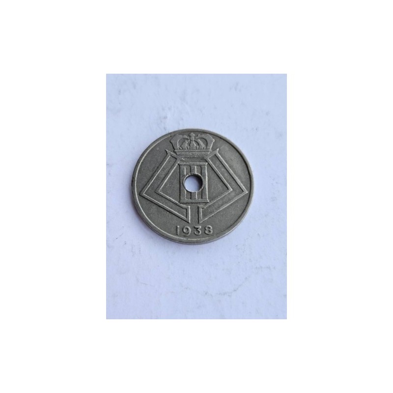 Venda de moeda histórica de 25 cêntimos da Bélgica, ano de 1938, com brasões e furo central. Item de colecionador raro e ideal p