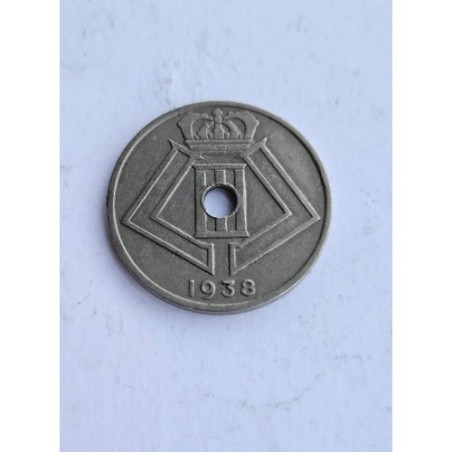 Venda de moeda histórica de 25 cêntimos da Bélgica, ano de 1938, com brasões e furo central. Item de colecionador raro e ideal p