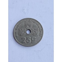 Venda de moeda histórica de 25 cêntimos da Bélgica, ano de 1938, com brasões e furo central. Item de colecionador raro e ideal p