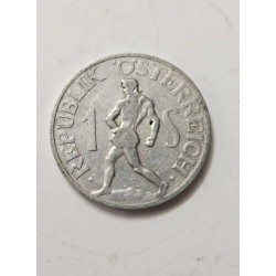 Venda de moeda de 1 Schilling da Áustria, ano de 1947. Peça histórica pós-guerra com a imagem de um atleta e a águia nacional. I