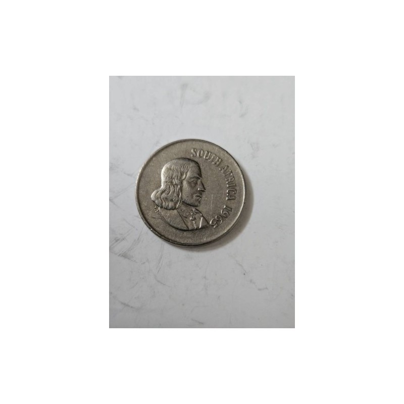 Venda de moeda de 10 Cents da África do Sul, ano de 1965, com a efígie de Jan van Riebeeck e a flor Protea. Item de colecionador