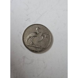 Venda de moeda de 5 Cents da África do Sul, ano de 1965, com a efígie de Jan van Riebeeck e o pássaro grou. Item de colecionador