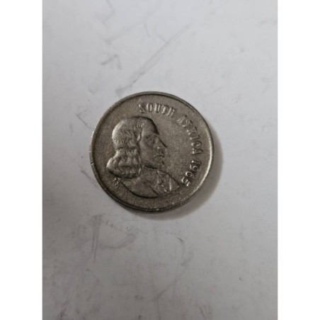 Venda de moeda de 5 Cents da África do Sul, ano de 1965, com a efígie de Jan van Riebeeck e o pássaro grou. Item de colecionador