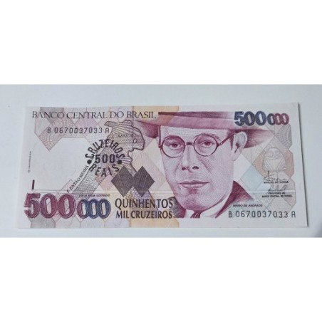 Adquira esta cédula rara de 500 Cruzeiros Reais de 1993, com a efígie de Mário de Andrade. Item de colecionador em excelente est