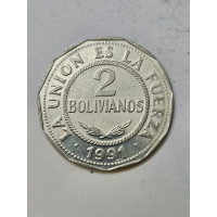 Moeda Bolívia 2 Bolivianos 1991 - Hendecagonal - Brasão Nacional / "LA UNIÓN ES LA FUERZA"